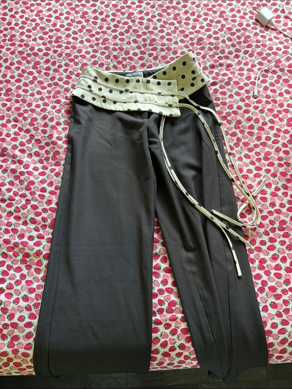 Princess Polly Black Wide-Leg Pants with Cream Polka Dot Waist Tie